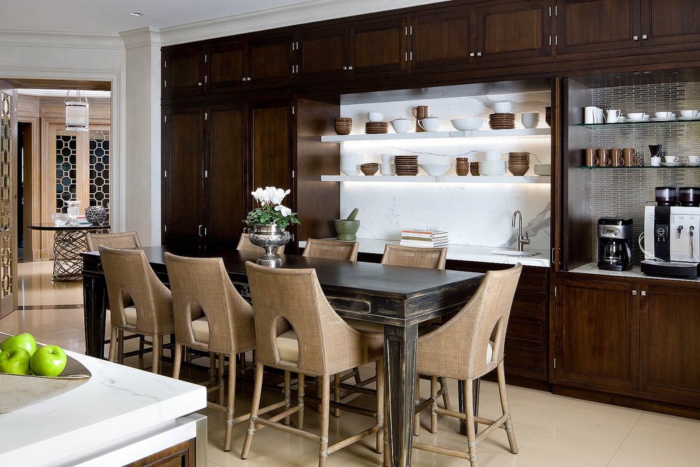 Eat-in kitchen - contemporary eat-in kitchen idea in Toronto with recessed-panel cabinets, dark wood cabinets and white backsplash
