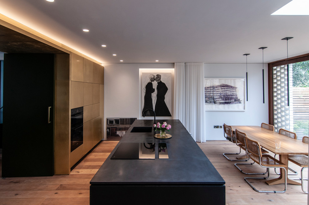 Photo of a contemporary galley kitchen/diner in London with a single-bowl sink, flat-panel cabinets, medium hardwood flooring, an island, brown floors and black worktops.