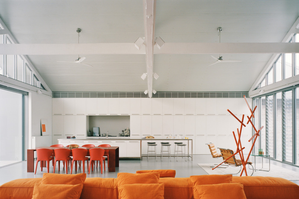 Offene, Zweizeilige Industrial Küche mit flächenbündigen Schrankfronten, weißen Schränken, Betonboden, Kücheninsel, grauem Boden, grauer Arbeitsplatte und gewölbter Decke in Sydney