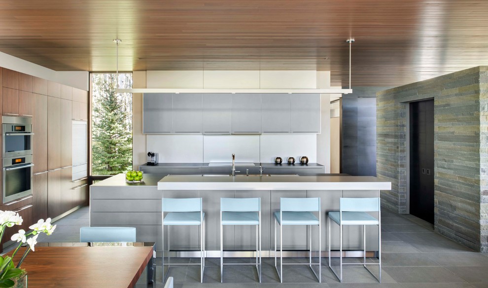 Diseño de cocina comedor contemporánea con armarios con paneles lisos, encimera de acero inoxidable, electrodomésticos de acero inoxidable, una isla y puertas de armario grises