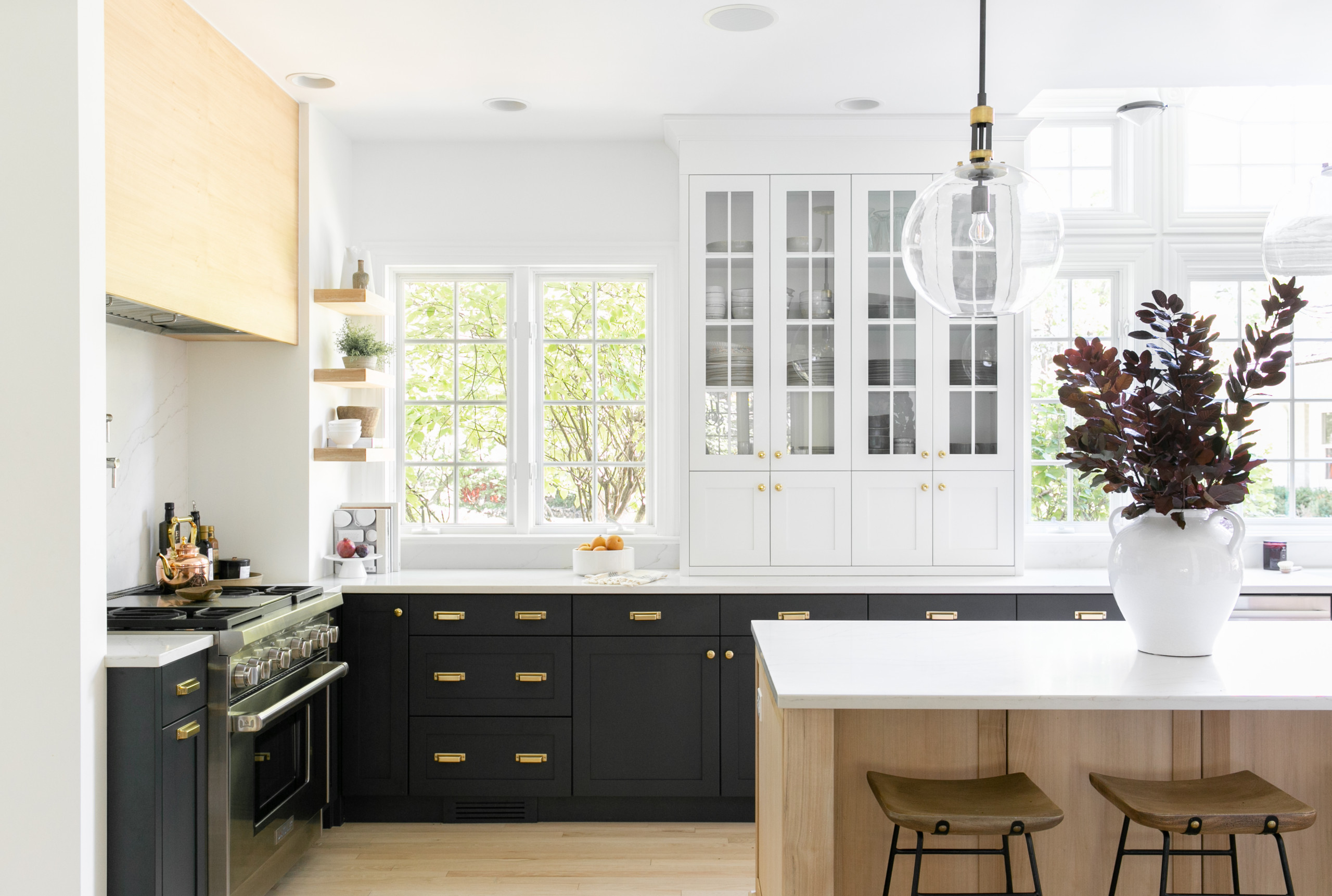 Black and White Kitchen with Black Island - Transitional - Kitchen