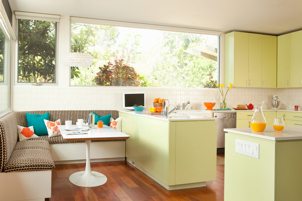 Inspiration for a contemporary kitchen remodel in San Francisco with yellow cabinets and flat-panel cabinets