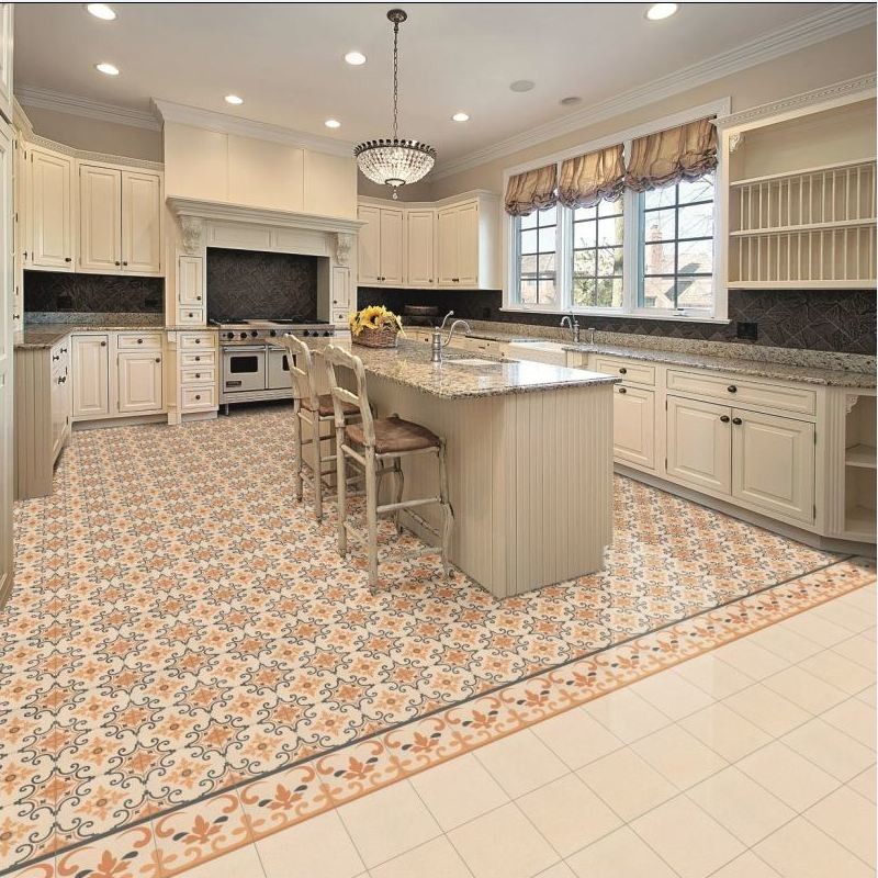 Example of a mid-sized trendy ceramic tile eat-in kitchen design in Other with multicolored backsplash and porcelain backsplash