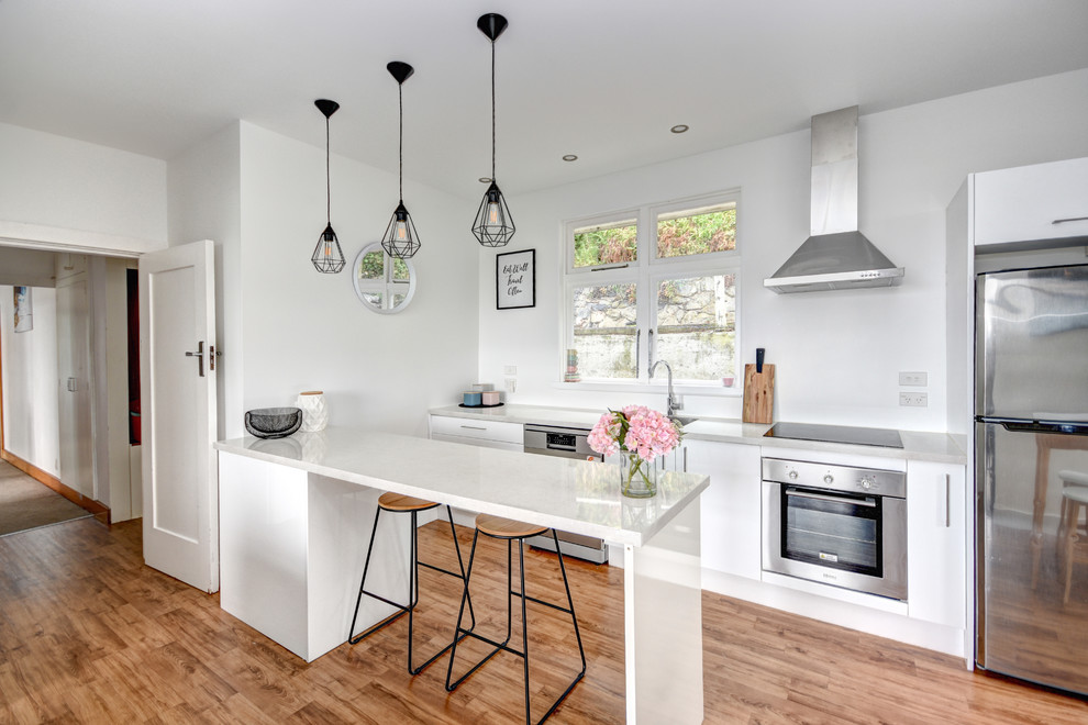 Zweizeilige Moderne Küche mit weißen Schränken, Laminat-Arbeitsplatte, Küchenrückwand in Weiß, Glasrückwand, Küchengeräten aus Edelstahl und Vinylboden in Dunedin