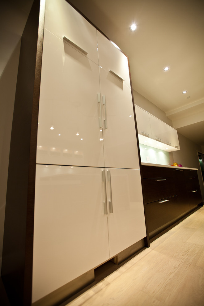 Esempio di una cucina abitabile moderna con ante lisce, ante bianche, top in quarzite, paraspruzzi verde, paraspruzzi con lastra di vetro e elettrodomestici da incasso