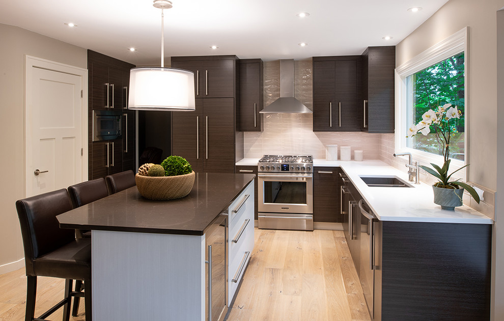 Foto di una cucina minimal di medie dimensioni con lavello sottopiano, elettrodomestici in acciaio inossidabile e parquet chiaro
