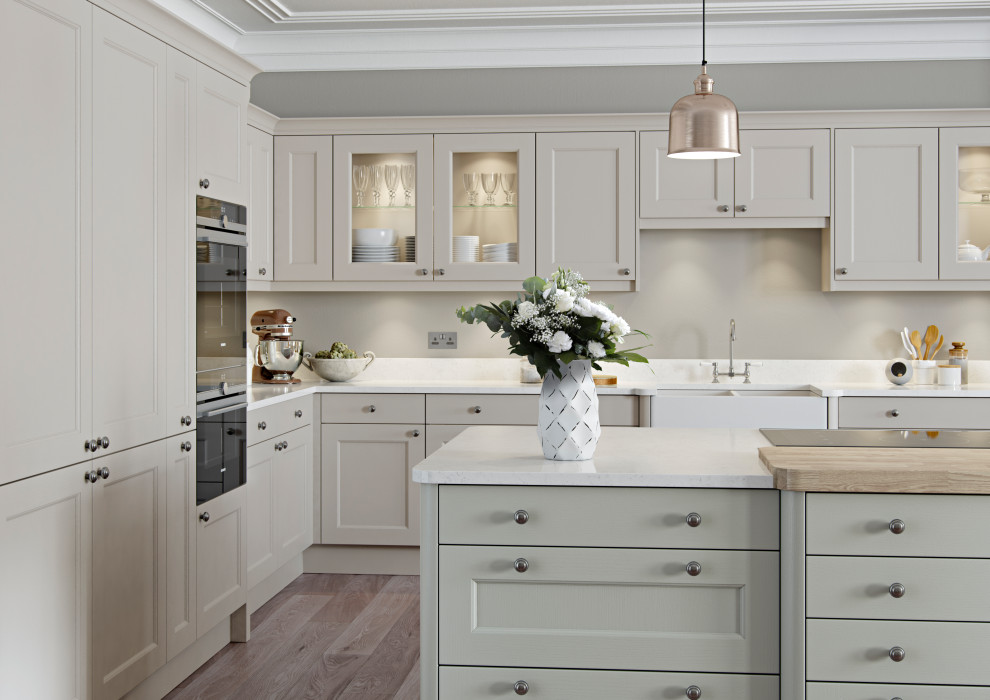 Eat-in kitchen - traditional eat-in kitchen idea in Other with beaded inset cabinets, beige cabinets, gray backsplash, an island and white countertops