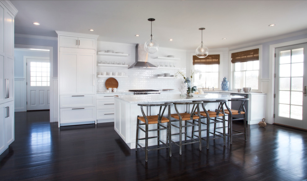 Inspiration for a mid-sized coastal l-shaped eat-in kitchen remodel in Boston with an undermount sink, shaker cabinets, white cabinets and marble countertops