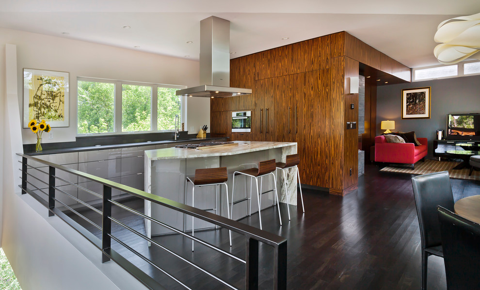 На фото: параллельная кухня-гостиная в современном стиле с плоскими фасадами, серыми фасадами, техникой из нержавеющей стали, темным паркетным полом и островом