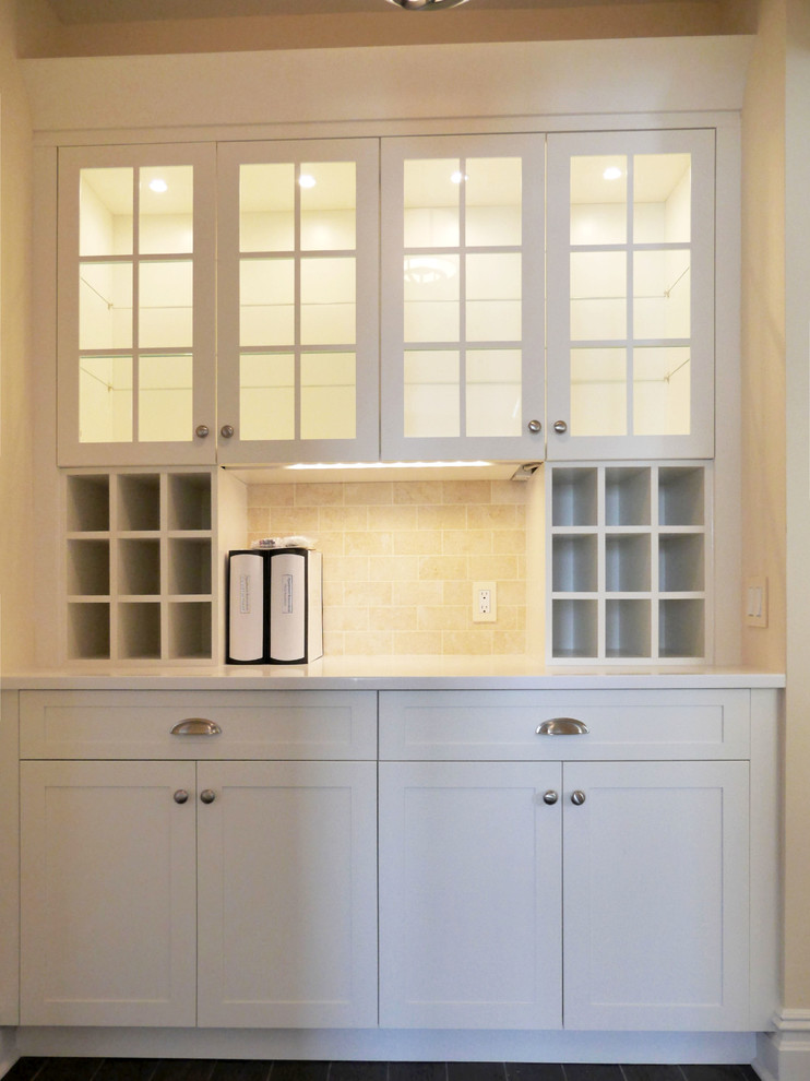 Example of a small transitional galley porcelain tile kitchen pantry design in New York with a single-bowl sink, shaker cabinets, white cabinets, quartzite countertops, yellow backsplash, stone tile backsplash, stainless steel appliances and no island