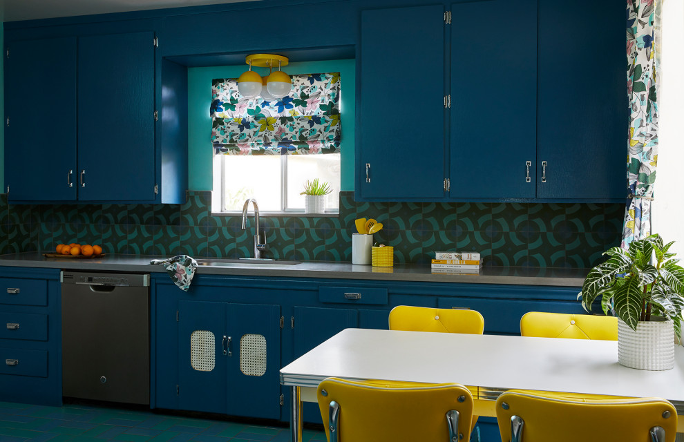 Kitchen - mid-sized mid-century modern u-shaped porcelain tile and blue floor kitchen idea in San Francisco with an undermount sink, flat-panel cabinets, blue cabinets, quartz countertops, blue backsplash, cement tile backsplash, stainless steel appliances, no island and gray countertops