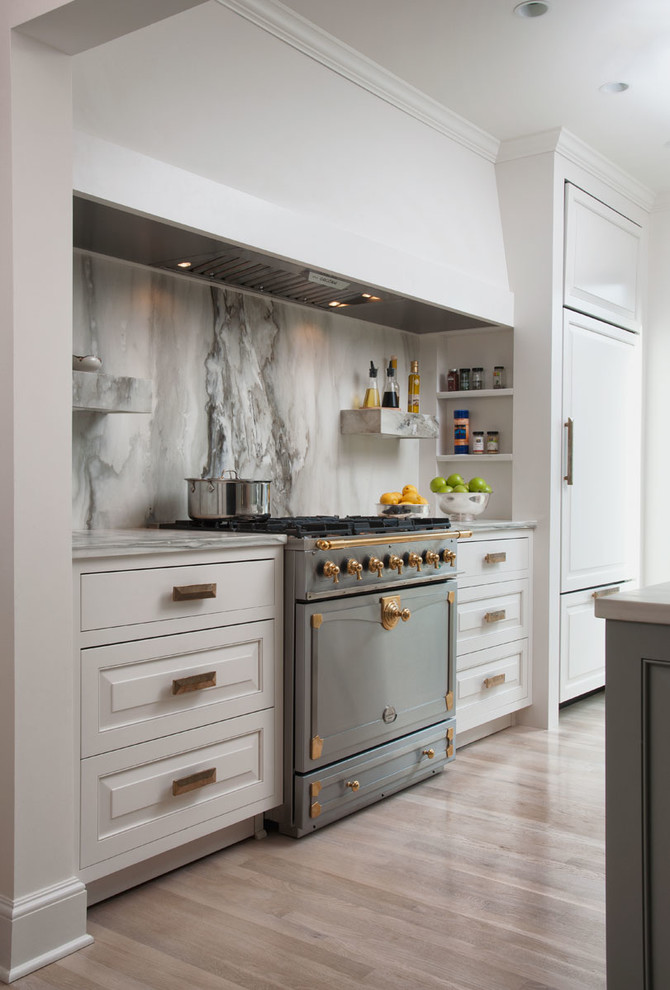 Calacatta Gold Marble Kitchen Countertops and Full Height Backsplashes