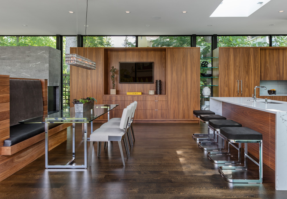 Moderne Küche mit Kücheninsel, Unterbauwaschbecken und dunklem Holzboden in Minneapolis