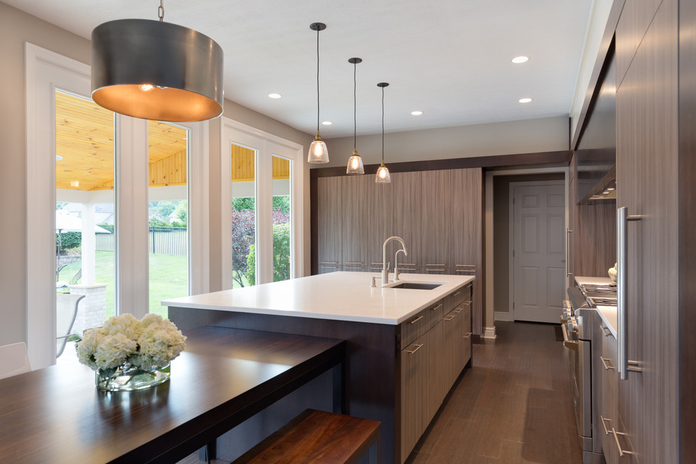 Mid-sized trendy l-shaped dark wood floor and brown floor eat-in kitchen photo in Other with an undermount sink, flat-panel cabinets, brown cabinets, an island, paneled appliances, laminate countertops, gray backsplash and glass sheet backsplash