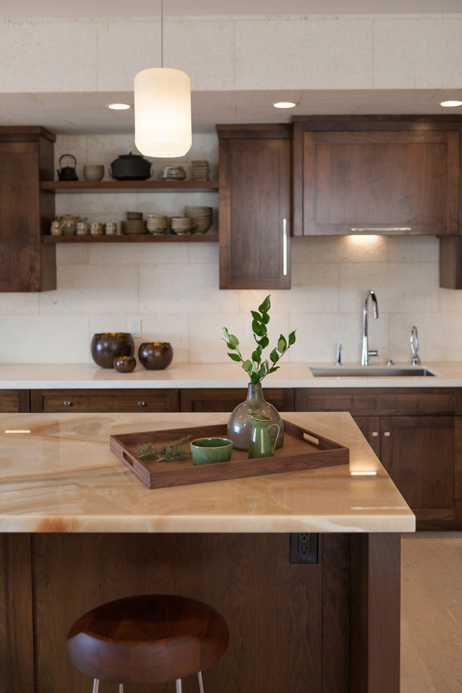 Réalisation d'une cuisine ouverte minimaliste en bois foncé avec un placard avec porte à panneau encastré et îlot.
