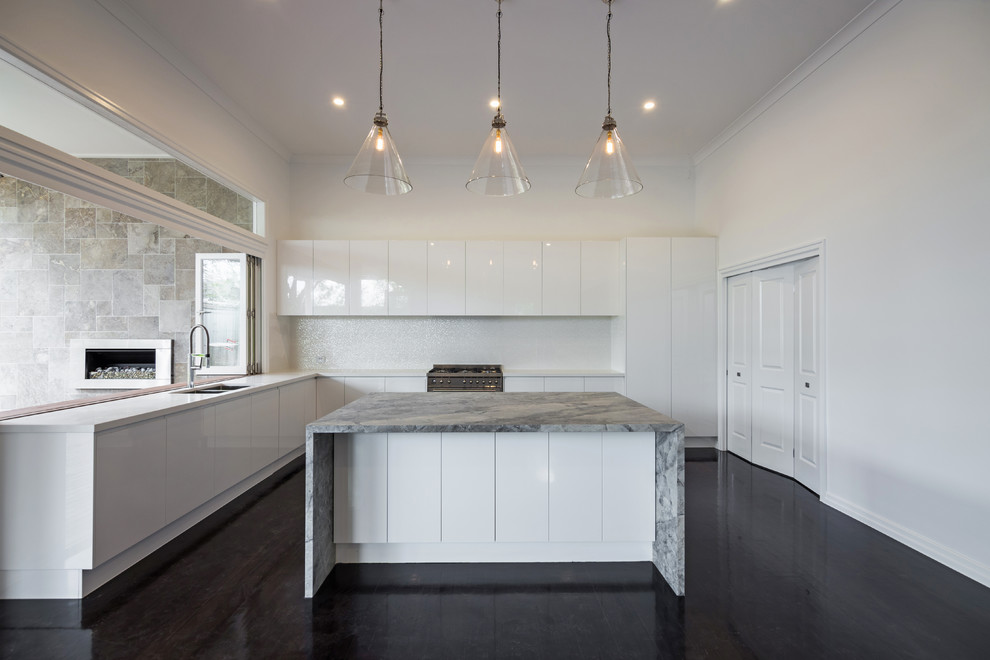 Inspiration for a contemporary kitchen/diner in Brisbane with a double-bowl sink, white cabinets and an island.