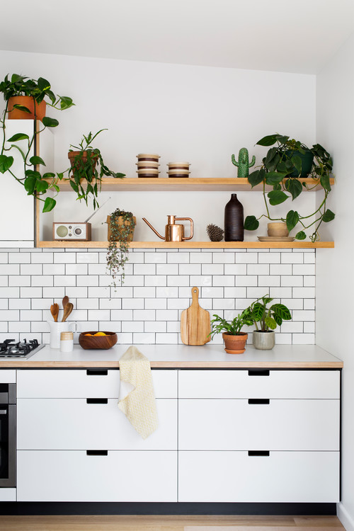 Enhance White Cabinets with Small Kitchen Shelf Ideas and White Subway Tile Backsplash