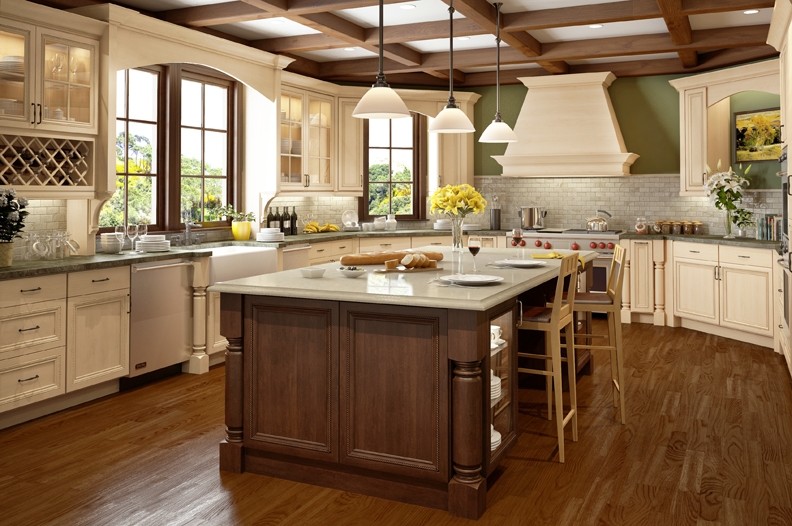 Example of a large classic u-shaped dark wood floor open concept kitchen design in Seattle with a farmhouse sink, recessed-panel cabinets, white cabinets, solid surface countertops, gray backsplash, stone tile backsplash, stainless steel appliances and an island