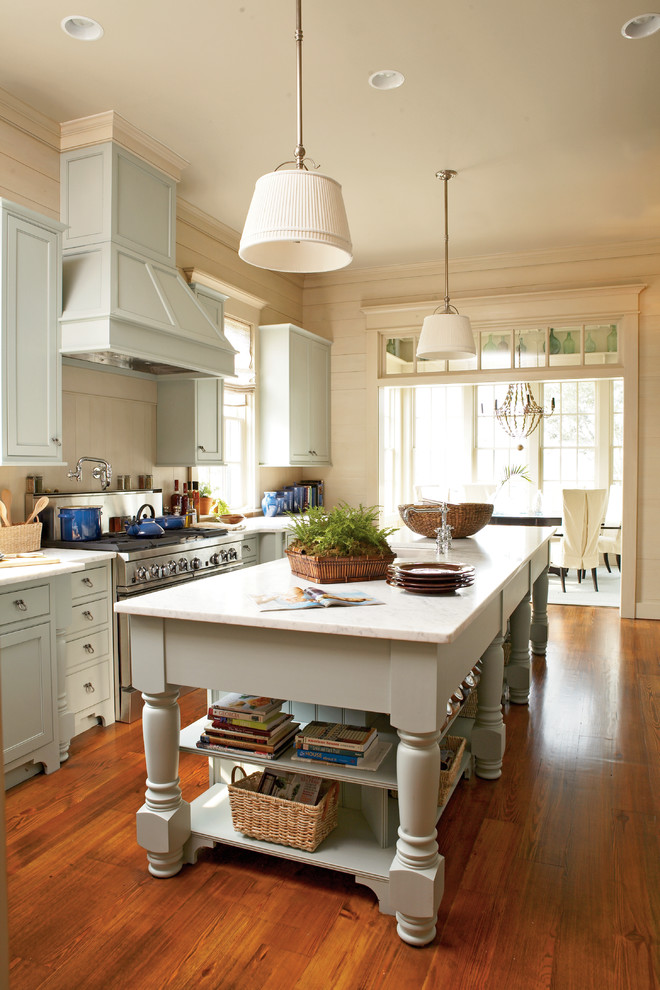 Example of a beach style galley eat-in kitchen design in Atlanta with shaker cabinets, gray cabinets, stainless steel appliances and marble countertops