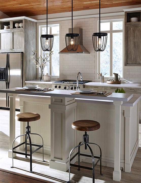 Eat-in kitchen - mid-sized contemporary single-wall light wood floor eat-in kitchen idea in Charlotte with white backsplash and two islands