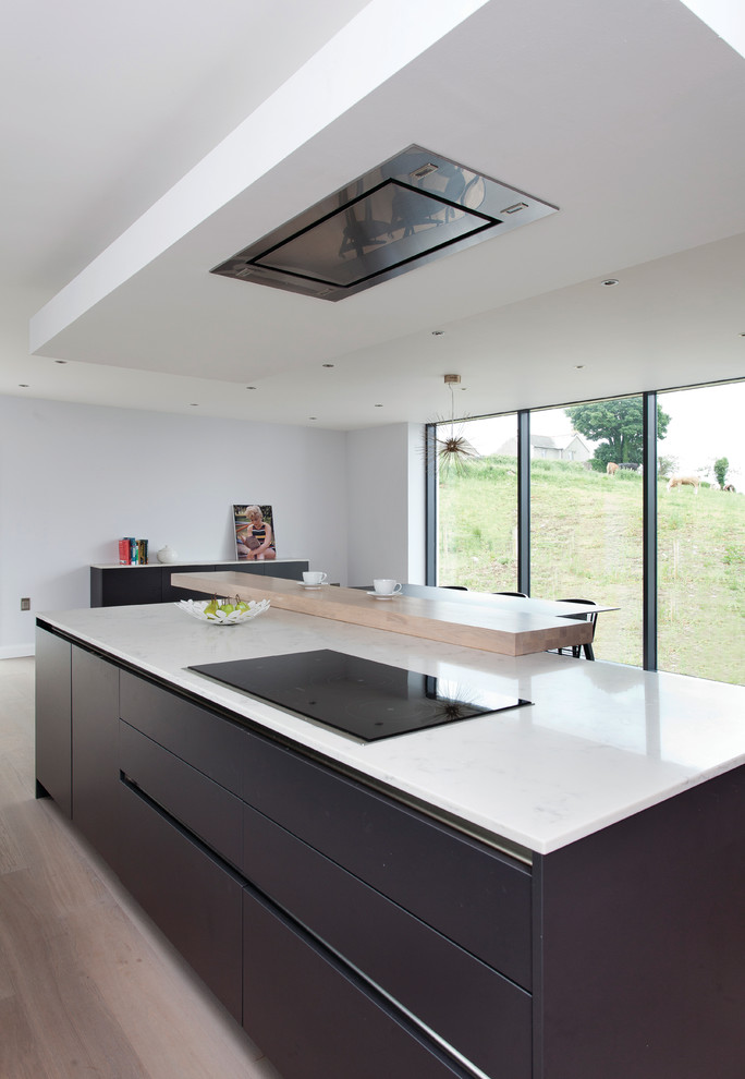 Inspiration for a large modern l-shaped kitchen/diner in Other with a built-in sink, flat-panel cabinets, grey cabinets, quartz worktops, white splashback, stone slab splashback, black appliances, light hardwood flooring and an island.