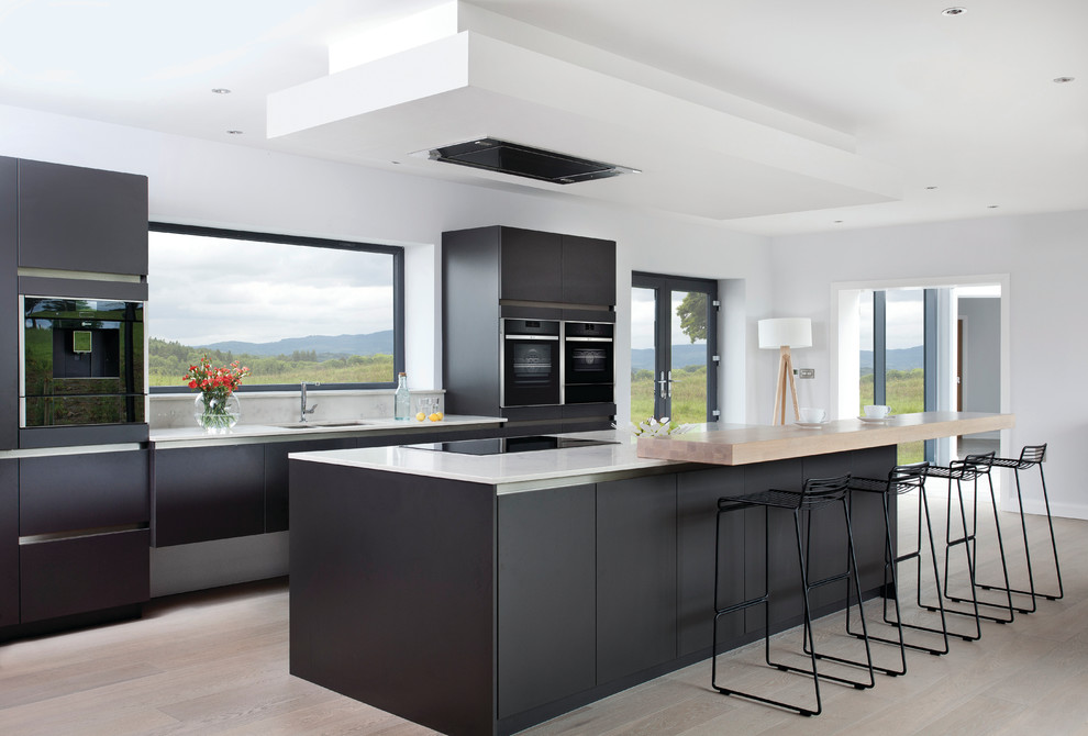 Imagen de cocina minimalista grande con fregadero de doble seno, armarios con paneles lisos, electrodomésticos negros, una isla y con blanco y negro