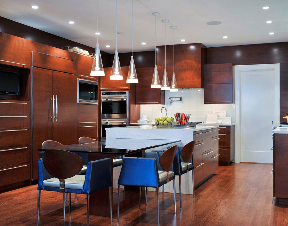 Inspiration for a contemporary kitchen remodel in New York with paneled appliances