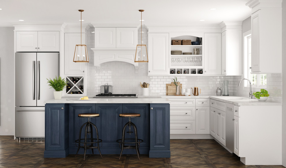 Eat-in kitchen - mid-sized farmhouse l-shaped laminate floor and brown floor eat-in kitchen idea in Raleigh with an undermount sink, raised-panel cabinets, blue cabinets, quartz countertops, white backsplash, ceramic backsplash, stainless steel appliances, an island and white countertops