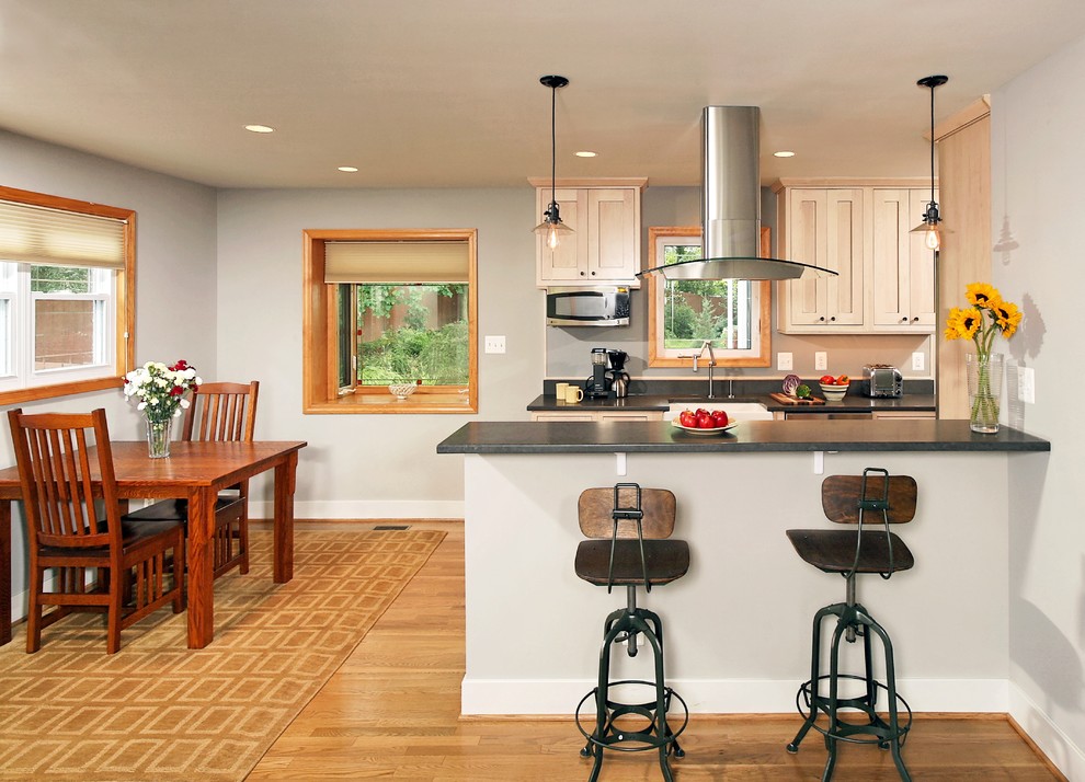 Design ideas for a traditional kitchen in DC Metro with shaker cabinets and light wood cabinets.