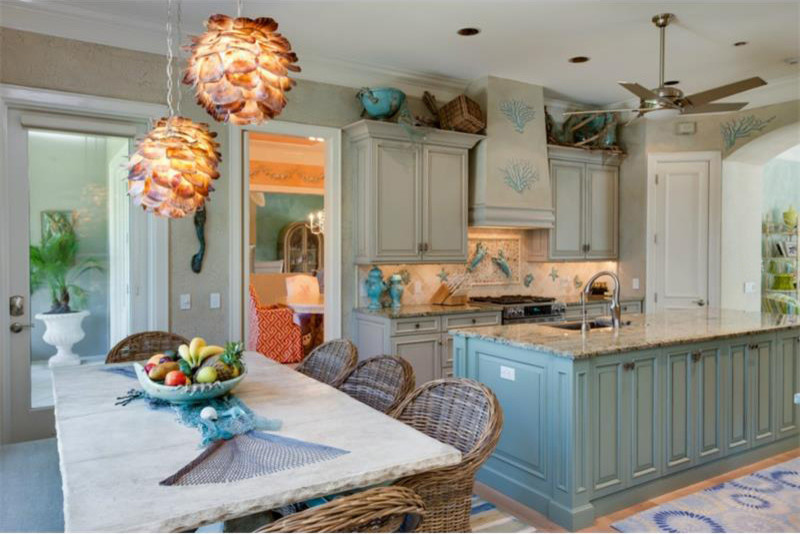 Enclosed kitchen - mid-sized mediterranean galley light wood floor enclosed kitchen idea in Tampa with a farmhouse sink, raised-panel cabinets, beige cabinets, granite countertops, stainless steel appliances and an island