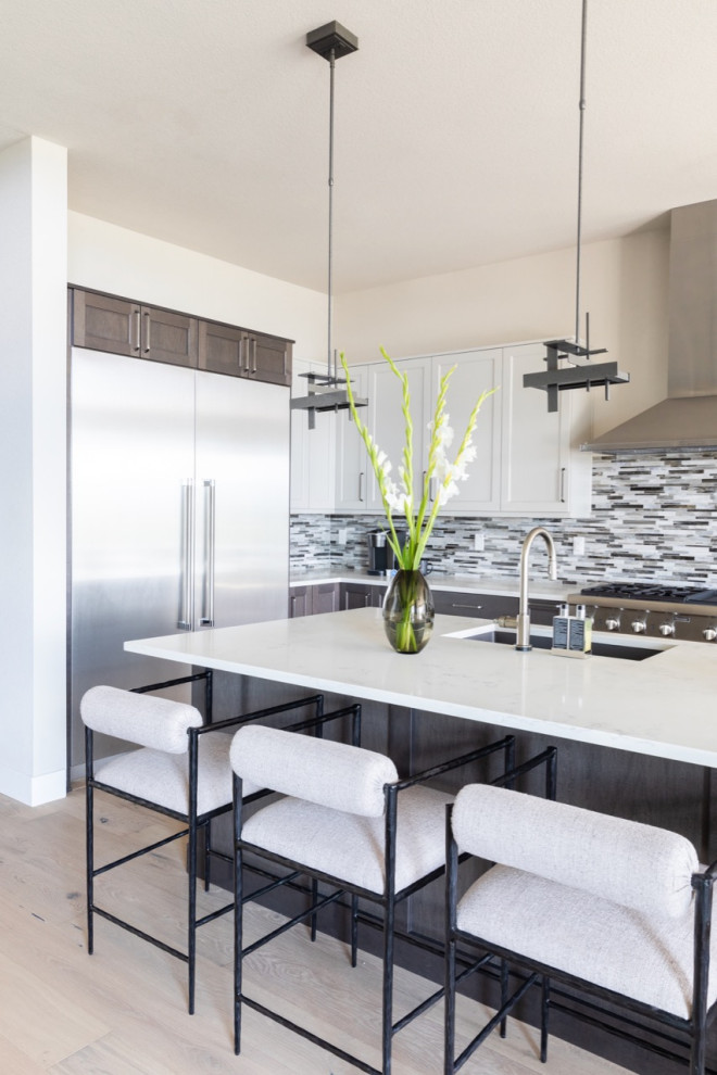 Mid-sized trendy light wood floor enclosed kitchen photo in Denver with an undermount sink, shaker cabinets, white cabinets, quartz countertops, multicolored backsplash, subway tile backsplash, stainless steel appliances, an island and white countertops