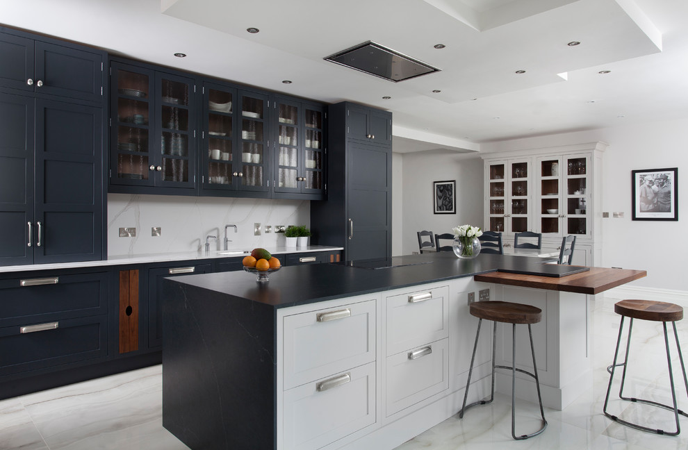 Design ideas for a modern l-shaped kitchen/diner in Other with shaker cabinets, grey cabinets, quartz worktops and an island.