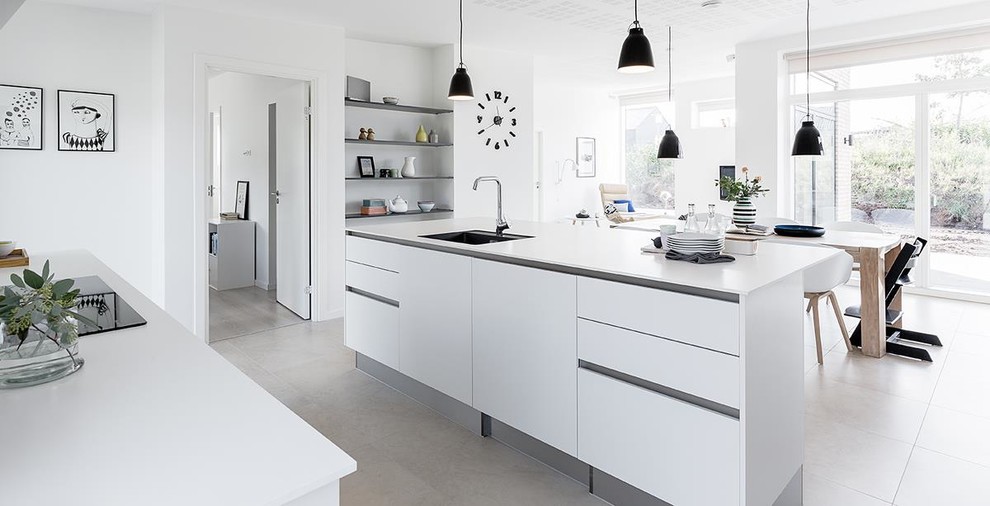 Источник вдохновения для домашнего уюта: кухня в скандинавском стиле с обеденным столом, накладной мойкой, плоскими фасадами, белыми фасадами и островом