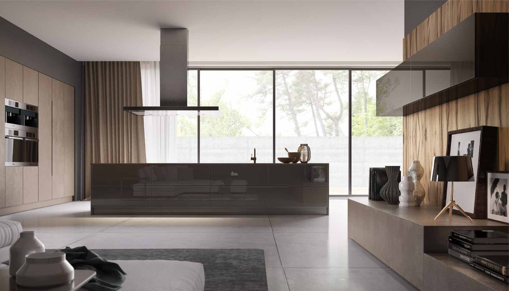 Inspiration for an expansive modern single-wall open plan kitchen in London with an integrated sink, flat-panel cabinets, beige cabinets, concrete worktops, beige splashback, integrated appliances, porcelain flooring and an island.
