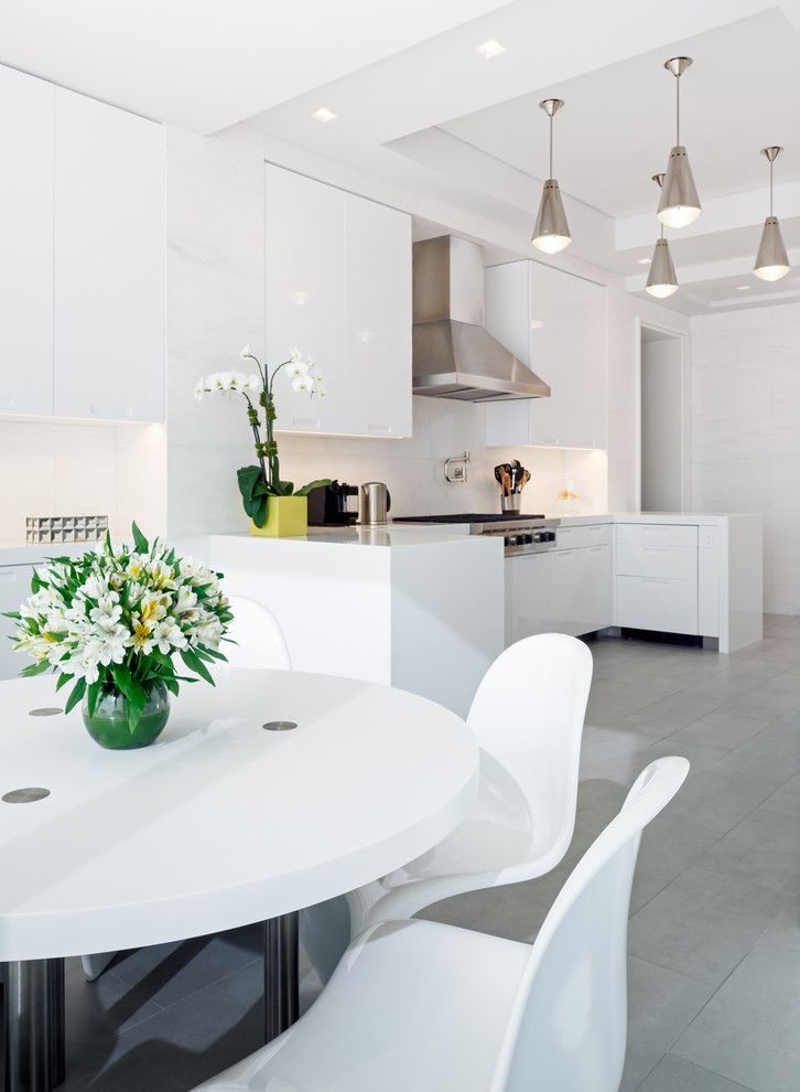 Immagine di una cucina abitabile design con ante bianche, elettrodomestici in acciaio inossidabile e pavimento in ardesia
