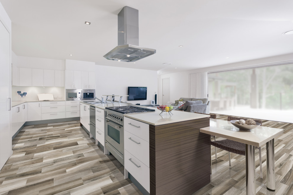 This is an example of a large contemporary l-shaped kitchen/diner in Toronto with a double-bowl sink, flat-panel cabinets, white cabinets, granite worktops, white splashback, glass tiled splashback, stainless steel appliances, porcelain flooring and an island.