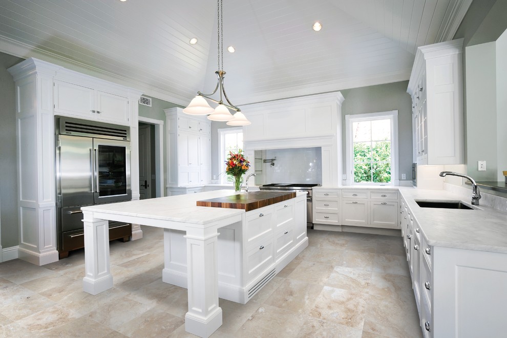 Large u-shaped travertine floor eat-in kitchen photo in Toronto with a drop-in sink, flat-panel cabinets, white cabinets, granite countertops, gray backsplash and an island