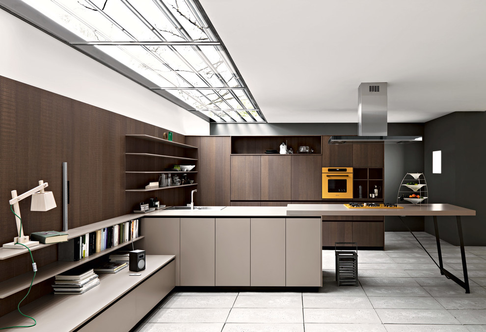 Design ideas for a medium sized modern galley kitchen/diner in Melbourne with a built-in sink, medium wood cabinets and stainless steel appliances.