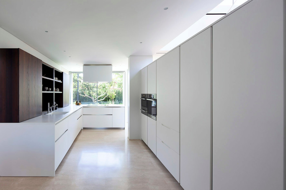 Идея дизайна: угловая кухня в современном стиле с монолитной мойкой, плоскими фасадами, белыми фасадами и техникой под мебельный фасад