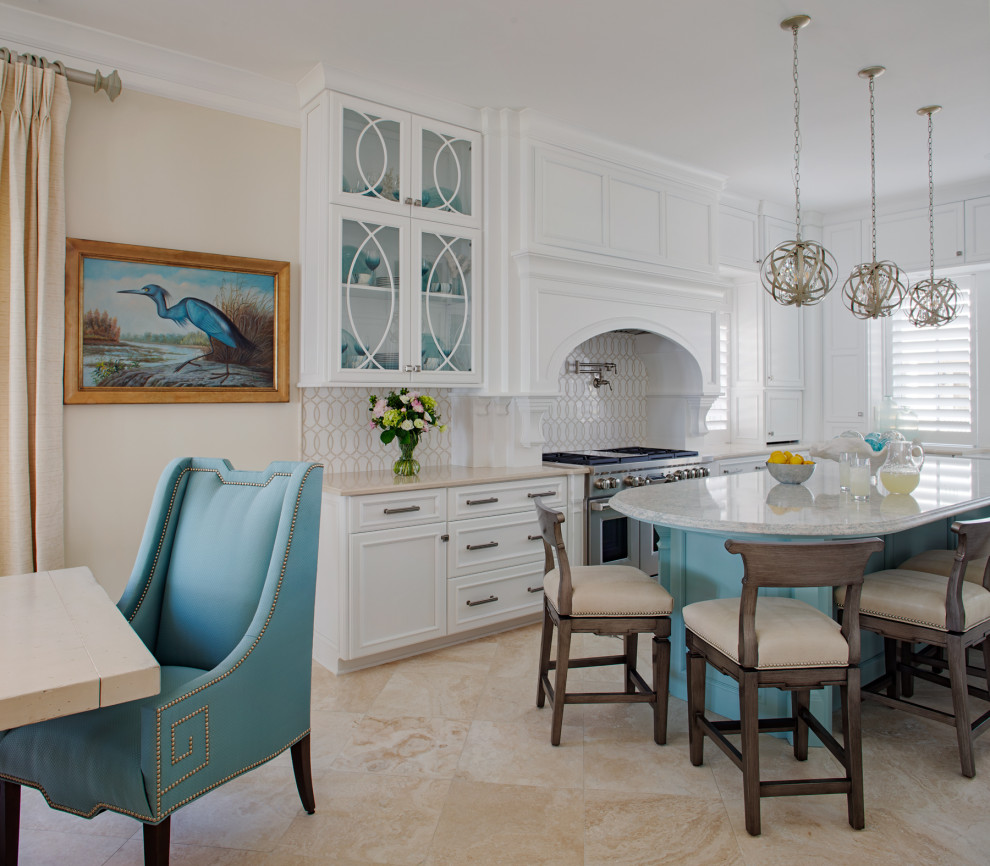 Inspiration for a large transitional u-shaped travertine floor and beige floor eat-in kitchen remodel in Charleston with white cabinets, quartz countertops, multicolored backsplash, stainless steel appliances, an island, recessed-panel cabinets and beige countertops