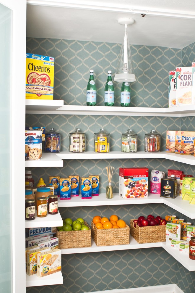 Example of a transitional kitchen pantry design in Los Angeles with open cabinets and white cabinets