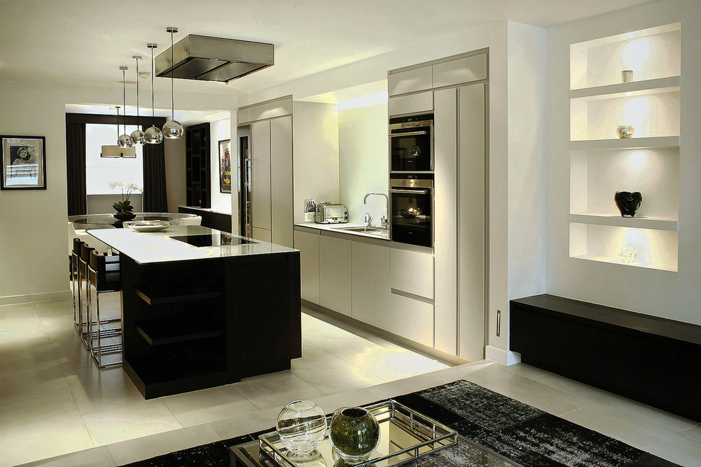 На фото: кухня в современном стиле с черно-белыми фасадами