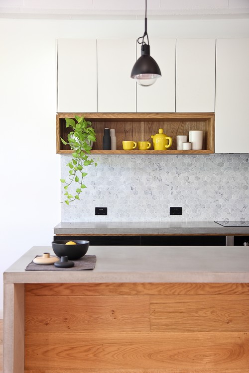 Timeless Elegance with Marble Hexagon Backsplash, White Cabinets, and Small Kitchen Shelf Ideas