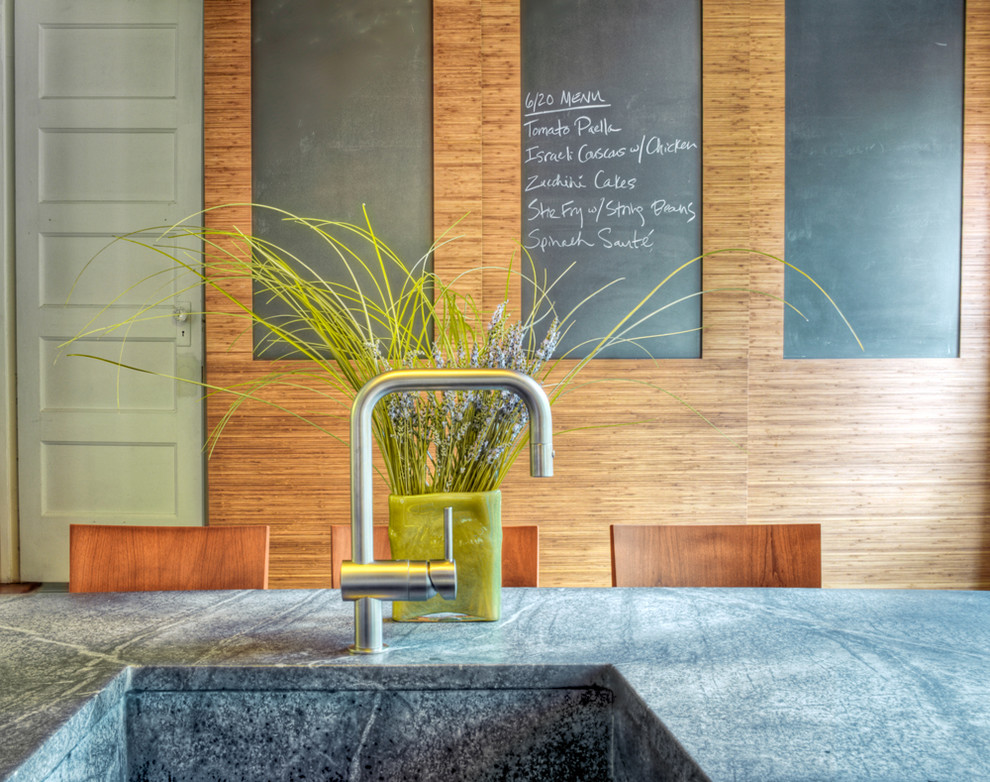 Example of a trendy kitchen design in Philadelphia with a single-bowl sink and soapstone countertops