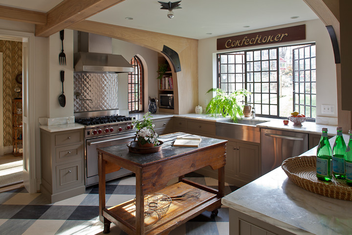 Large transitional u-shaped ceramic tile and multicolored floor eat-in kitchen photo in DC Metro with a drop-in sink, recessed-panel cabinets, gray cabinets, granite countertops, stainless steel appliances, an island, white backsplash and stone slab backsplash