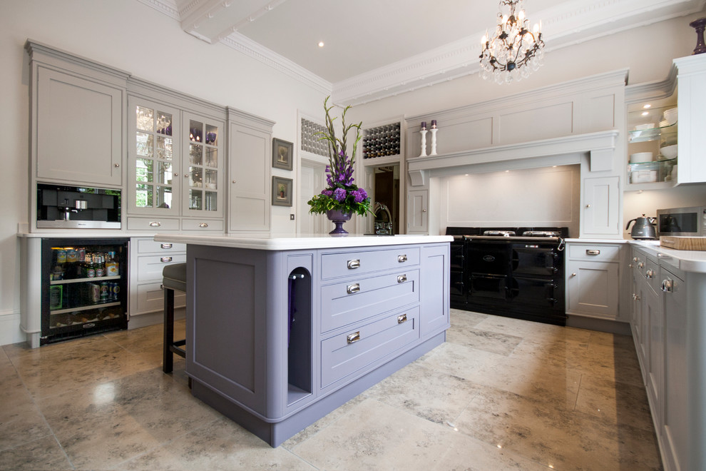 Inspiration for a large classic u-shaped enclosed kitchen in Other with a submerged sink, shaker cabinets, grey cabinets, quartz worktops, white splashback, black appliances and an island.