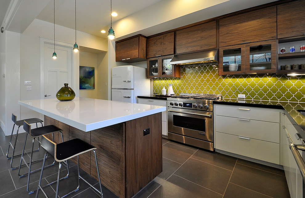 Contemporary kitchen in Austin with stainless steel appliances.