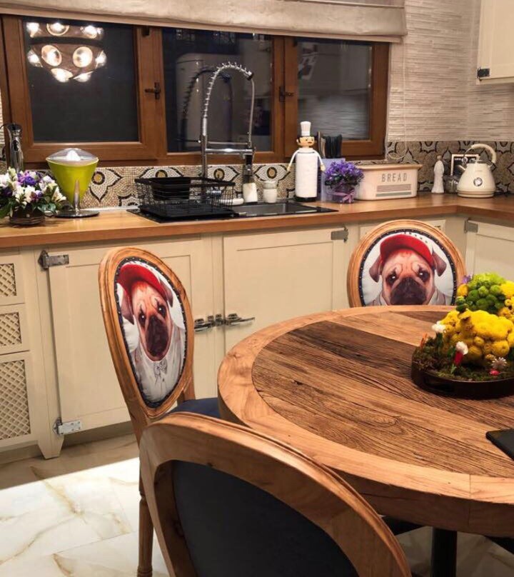Design ideas for a medium sized shabby-chic style u-shaped kitchen/diner in Other with a belfast sink, beaded cabinets, beige cabinets, wood worktops, multi-coloured splashback, mosaic tiled splashback, coloured appliances, marble flooring, a breakfast bar and multi-coloured floors.