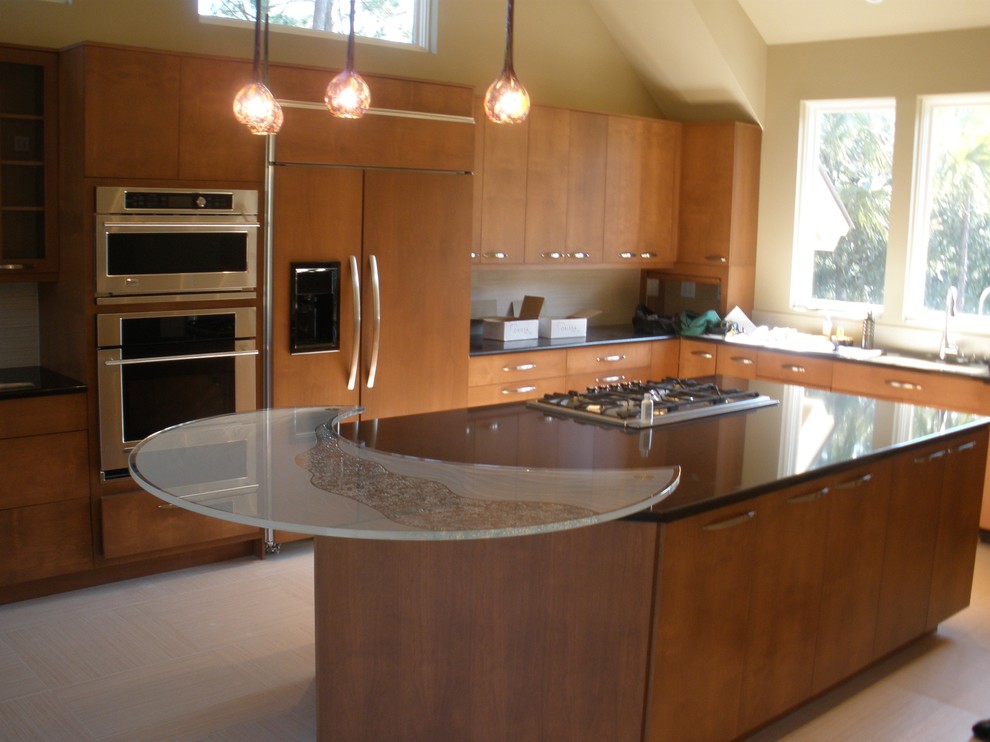 Circular Glass Kitchen Island Top, Carved and Etched - Contemporary