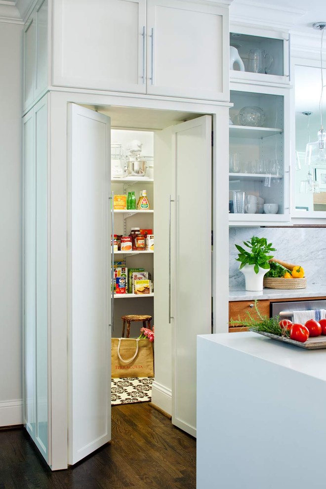 Kitchen pantry - mid-sized contemporary galley dark wood floor kitchen pantry idea in Atlanta with glass-front cabinets, white cabinets, an undermount sink, solid surface countertops, gray backsplash, stainless steel appliances and an island